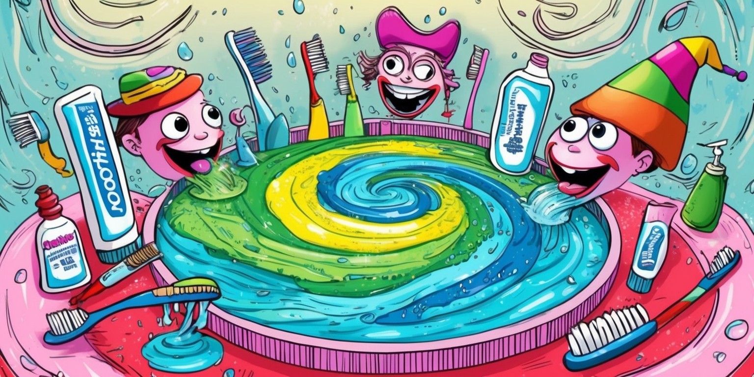 A whimsical illustration of a fantastical game where players wash their mouths with a colorful, swirling liquid, surrounded by toothbrushes, toothpaste tubes, and mouthwash bottles in a playful, dreamlike environment, with vibrant colors and bold lines, featuring characters with exaggerated features, like large eyes and bright smiles, and unique accessories like cartoonishly oversized toothbrushes and colorful hats, in a layout that's both chaotic and harmonious, with subtle textures and patterns adding depth and visual interest, and maybe a few subtle hints of water droplets or soap bubbles to emphasize the mouthwashing theme.