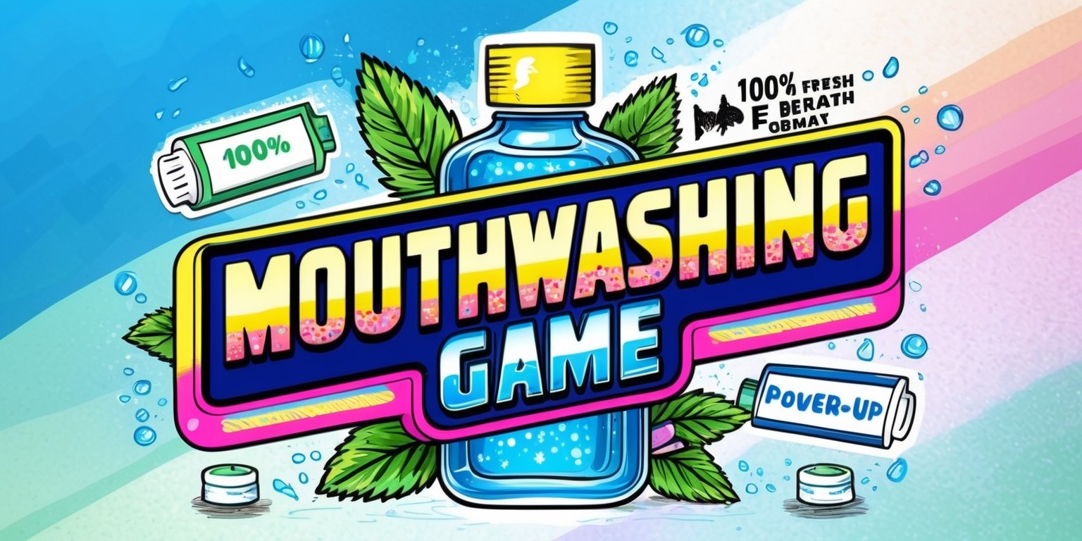 A whimsical illustration of a fantasy-themed mouthwash bottle with a arcade game-inspired label, featuring a bold, bright blue background and vibrant, neon-lit letters that read 