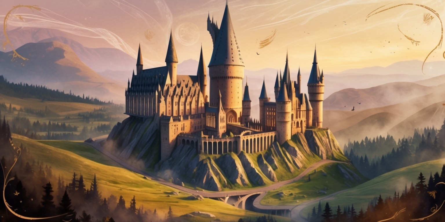 A mystical, atmospheric illustration of Hogwarts School of Witchcraft and Wizardry, set against a warm, golden sunset with subtle, wispy clouds, as if viewed through a magical lens, with the castle's turrets, towers, and grand halls majestically rising from the rolling hills and forests of the Scottish Highlands, surrounded by a sense of ancient, mystical energy, with intricate stone carvings, stained glass windows, and fluttering flags bearing the Hogwarts crest, with a sense of wonder, discovery, and magic in the air, capturing the essence of the Hogwarts Legacy 2 game, with a mix of mystical, earthy tones, and warm, vibrant colors, blending fantasy and realism, with subtle, shimmering effects, and delicate, hand-drawn textures.