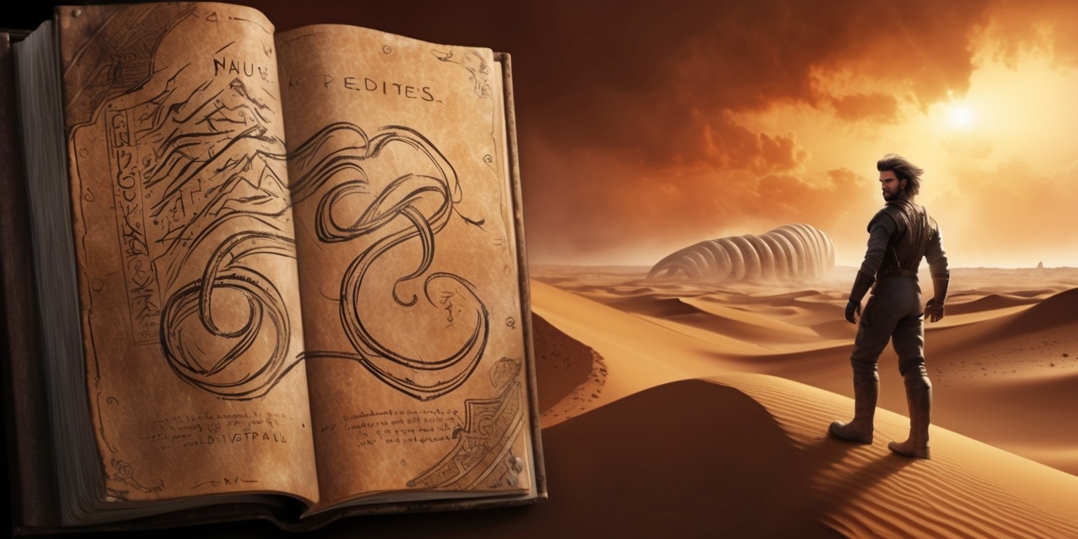 A hauntingly beautiful, atmospheric digital artwork depicting a pivotal scene from the Prophecy series of the Dune saga, set on the desert planet Arrakis, with a warm, golden color palette evoking a sense of foreboding and ancient mysticism, featuring Paul Atreides, the prophesied Kwisatz Haderach, standing atop a sandy dune, gazing out at the horizon, his piercing blue eyes gleaming with determination, his stillsuit-clad figure silhouetted against the vibrant orange-hued sky, as a gentle breeze rustles his tousled brown hair, with the faint, glowing outline of a massive, ancient sandworm looming in the distance, its ethereal presence illuminating the darkening landscape, the entire scene framed by the swooping curves of a worn, leather-bound ancient tome, adorned with cryptic, Fremen-inspired calligraphy and mysterious, arcane symbols that seem to hold the secrets of the universe.