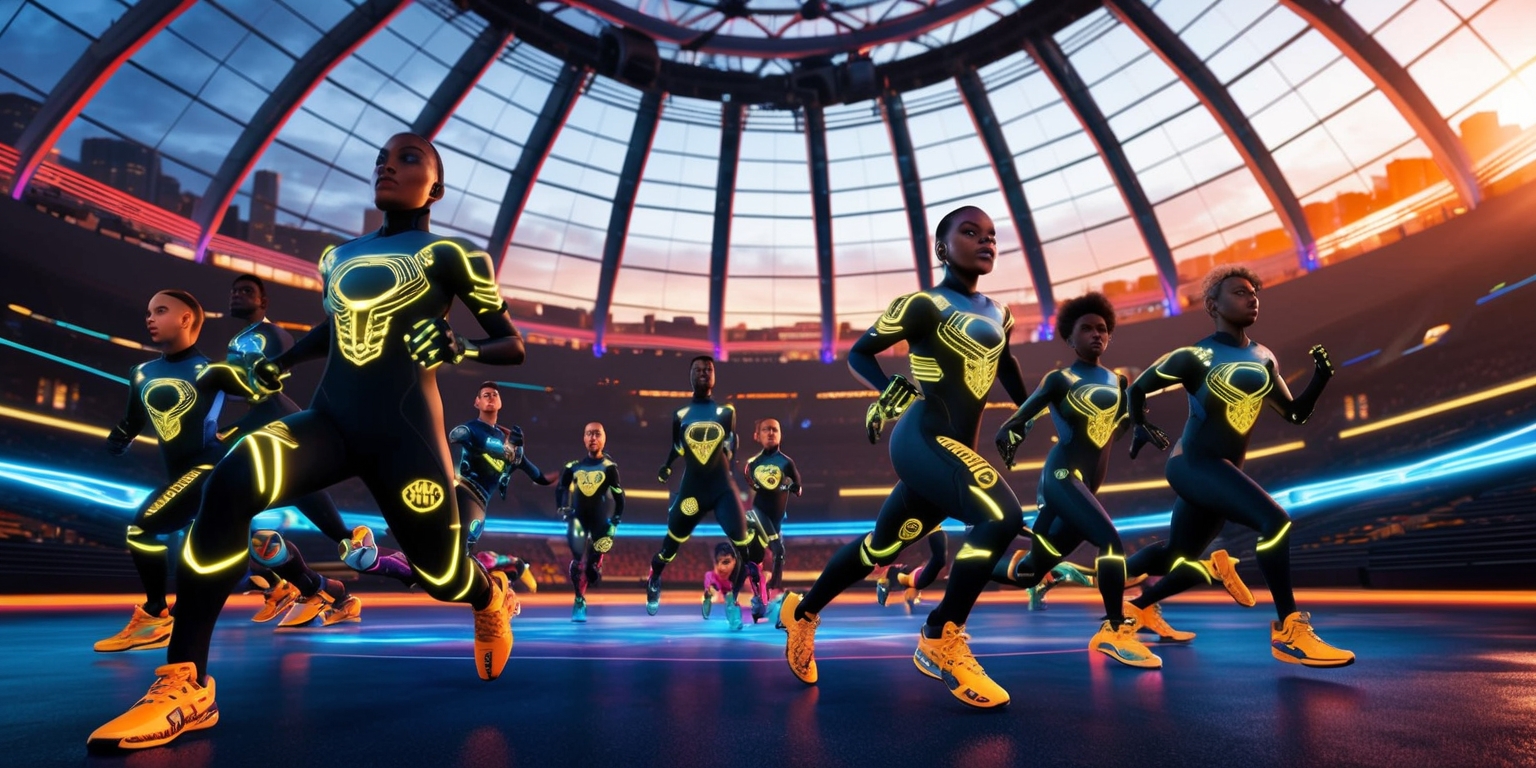 Futuristic sports game with sleek athletes wearing neon-lit exosuits and advanced footwear, set in a large, dome-shaped arena with a transparent roof, surrounded by a vibrant cityscape at dusk, the scene is illuminated by a mix of warm golden light and cool blue neon accents, with a dynamic layout and dramatic framing, capturing the intensity and speed of the game, the athletes' faces are determined and focused, with diverse skin tones and unique hairstyles, the exosuits and equipment feature futuristic logos and text in a bold, metallic font, with vibrant colors and sharp lines, emphasizing the cutting-edge technology and high-energy atmosphere of the game.