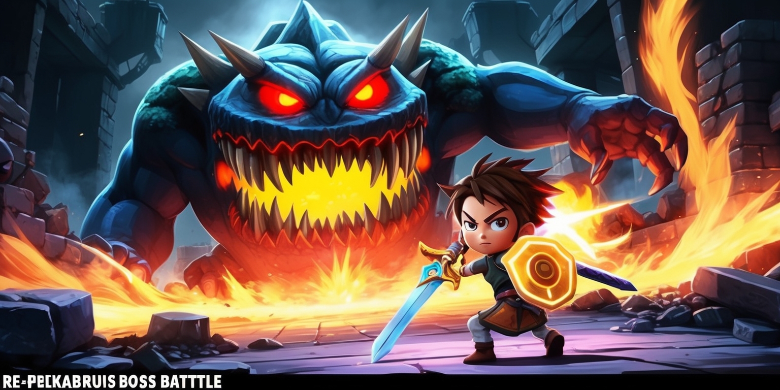 A vibrant and dynamic digital illustration of a Re-Peekabruiser Boss Battle scene from a video game, featuring a large, menacing Peekabruiser monster with sharp teeth and glowing red eyes, set against a dark, ominous background with ruins and debris scattered throughout, the monster's body a mix of dark blues and greys, with bright, fiery oranges and yellows emanating from its mouth and eyes, in the foreground, a small, determined-looking video game protagonist with a bold, fearless expression, fair skin, and messy brown hair, equipped with a powerful, glowing sword and shield, with a hint of light and magic surrounding them, the overall style is reminiscent of action-packed anime and manga, with bold lines, intense colors, and dramatic lighting, the layout is focused on the intense battle between the protagonist and the Peekabruiser, with the monster dominating the center of the frame.