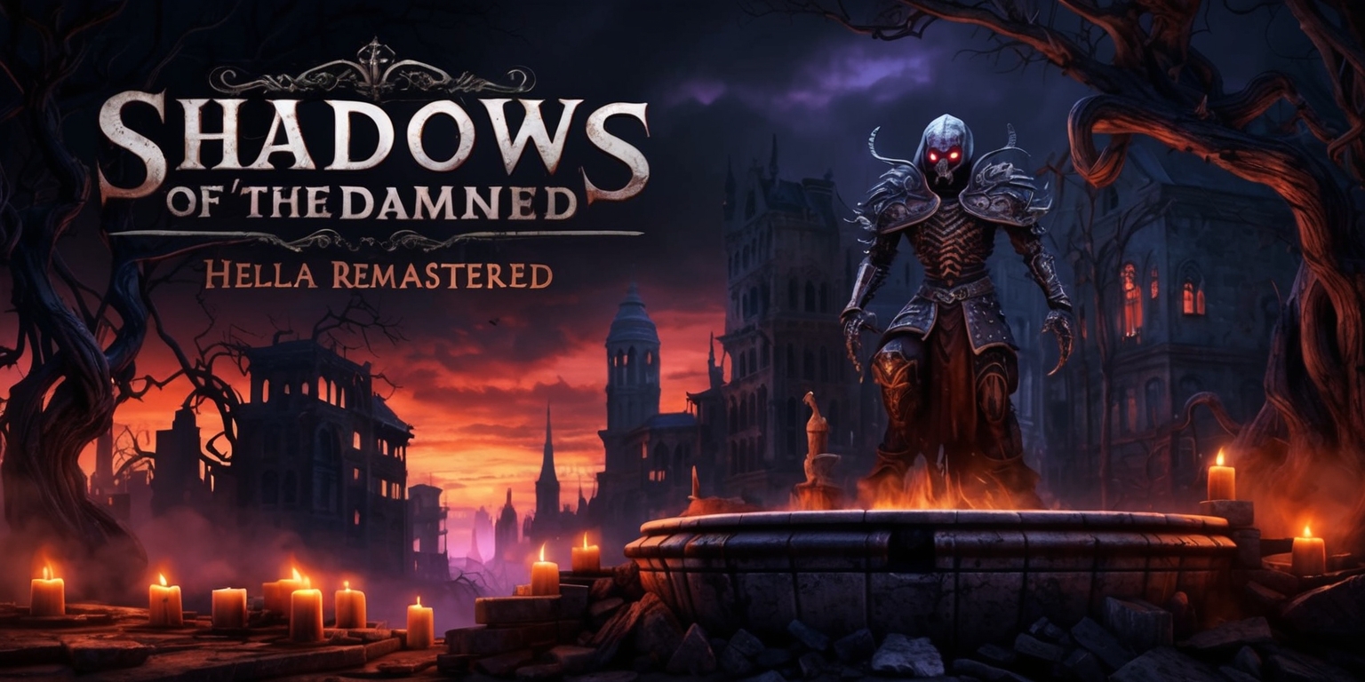 A dark, gothic-inspired video game cover art for Shadows of the Damned: Hella Remastered featuring a hauntingly beautiful cityscape at dusk with twisted, gnarled trees and crumbling buildings, set against a deep, fiery orange sky with hints of purple and pink. In the foreground, a mysterious, skeletal figure with glowing red eyes and ornate, Victorian-era-inspired armor, stands atop a demolished fountain, surrounded by candles and eerie, swirling mist. The title Shadows of the Damned is emblazoned in bold, iron-like letters across the top, with Hella Remastered written in smaller, curved text at the bottom, both in a font reminiscent of ancient, mystical tomes. The entire image is bathed in an ominous, warm glow, with deep shadows and subtle, eerie highlights.