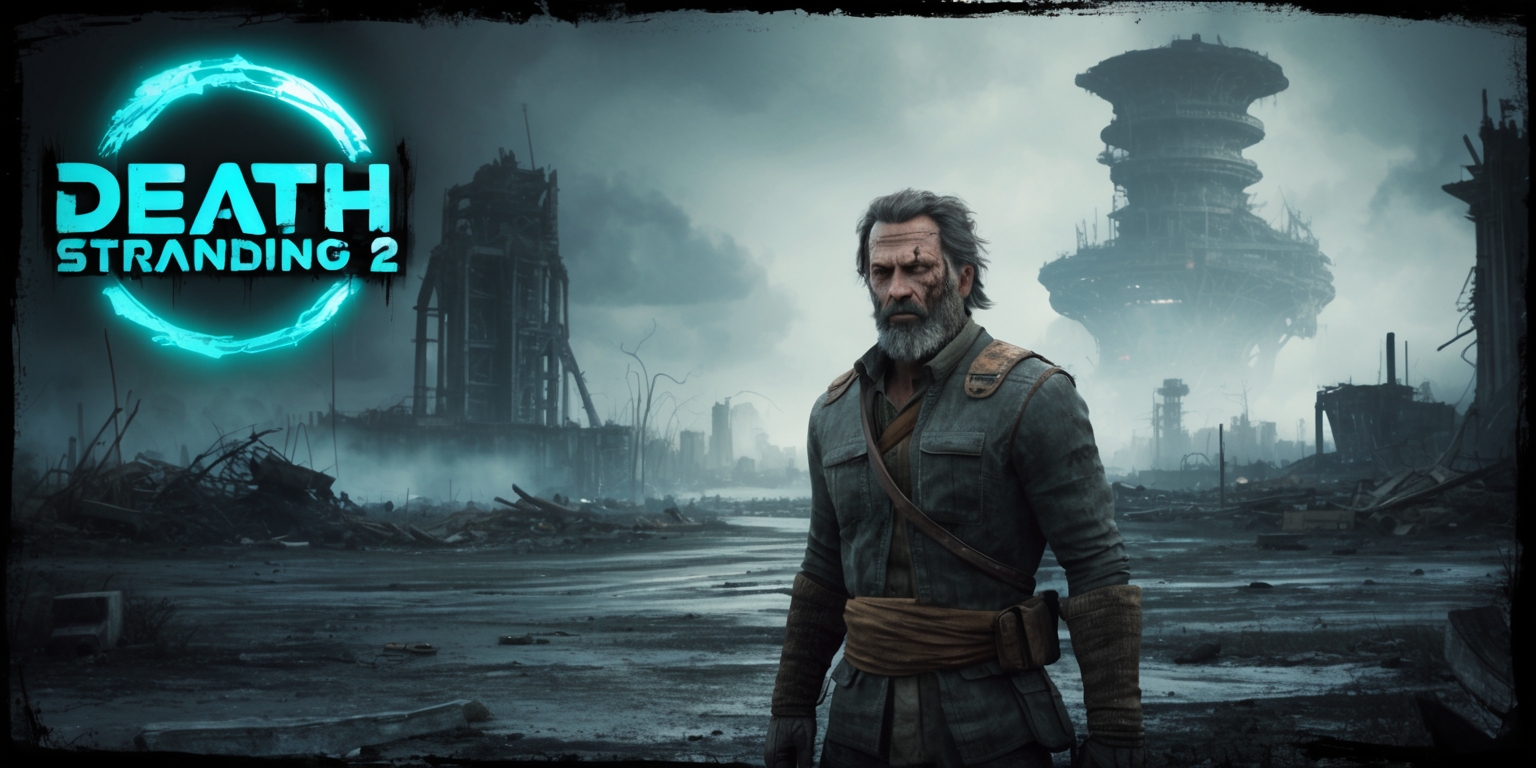 A dystopian futuristic landscape with a worn, gritty aesthetic, depicting a scene from Death Stranding 2, with protagonist Sam Porter Bridges, a ruggedly dressed Caucasian male in his mid-40s with a rugged beard and haunting, weathered eyes, standing in the foreground, surrounded by a desolate, post-apocalyptic environment, with remnants of destroyed buildings, eerie mist, and an ominous, towering structure looming in the background, evoking a sense of foreboding and mystery, with a color palette of muted blues, grays, and earthy tones, conveying a sense of weariness and desperation, with subtle, futuristic technology integrated into the scenery, and the Death Stranding 2 logo, in a bold, metallic font, emblazoned prominently in the top-left corner of the image, in a vibrant, electric blue.