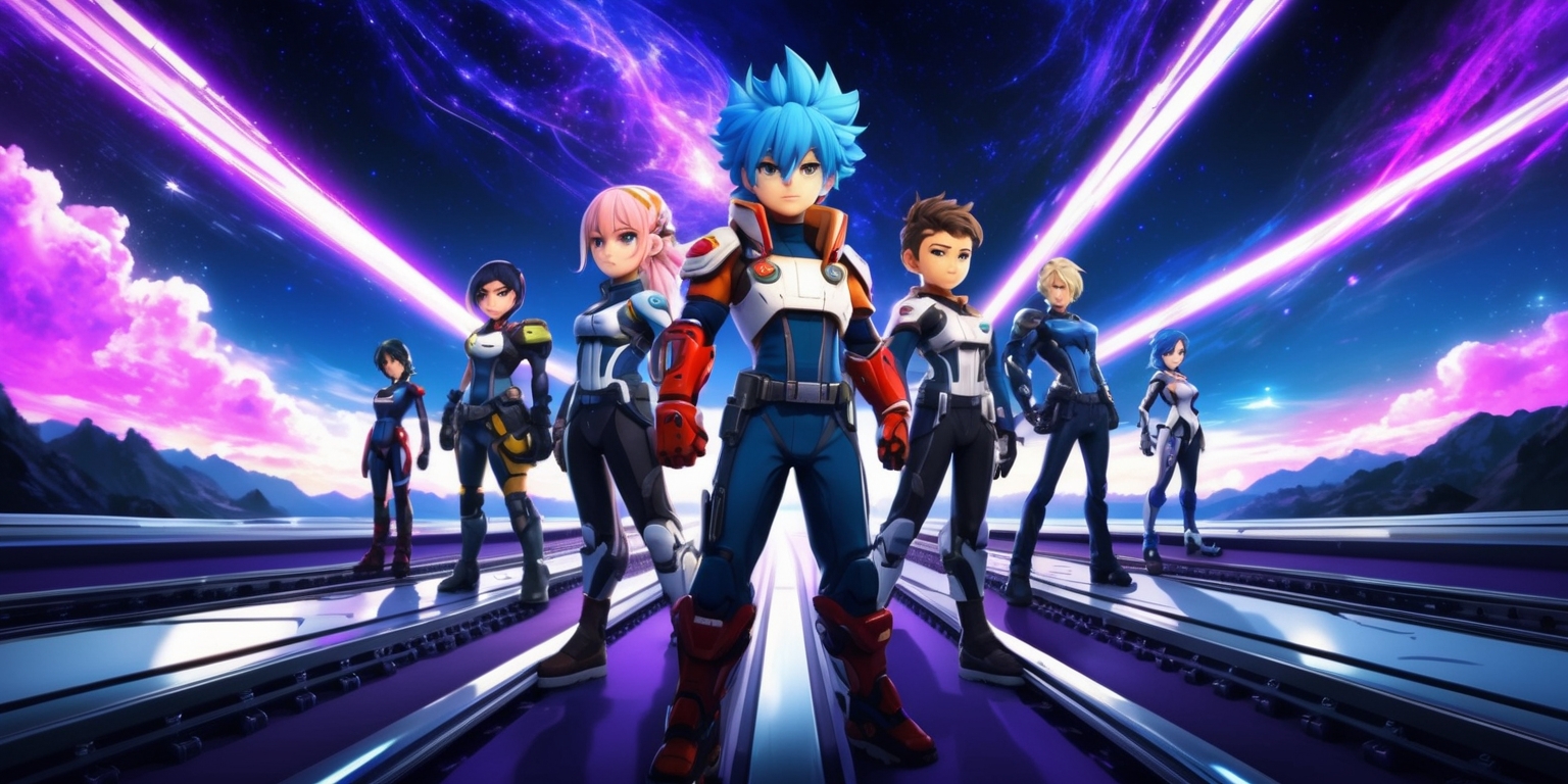 A futuristic, cosmic landscape depicting the Honkai Star Rail game, set against a vibrant, starry night sky with swirling purple and blue nebulae, punctuated by gleaming silver rail tracks that streak across the canvas, evoking a sense of dynamic movement and adventure. In the foreground, a group of characters from the game stand poised, each with unique features and attire, such as Gepard's striking blue hair and March 7th's futuristic exosuit. The heroes' facial expressions exude determination and courage, as they gaze out toward the horizon, ready to embark on an epic journey. The overall art style blends anime-inspired flair with a hint of sci-fi realism, rendered in bold, saturated colors that pop against the darker, mysterious background. The composition balances action and drama, drawing the viewer's eye to the central figures while hinting at the vast, uncharted expanse of the Honkai Star Rail universe.