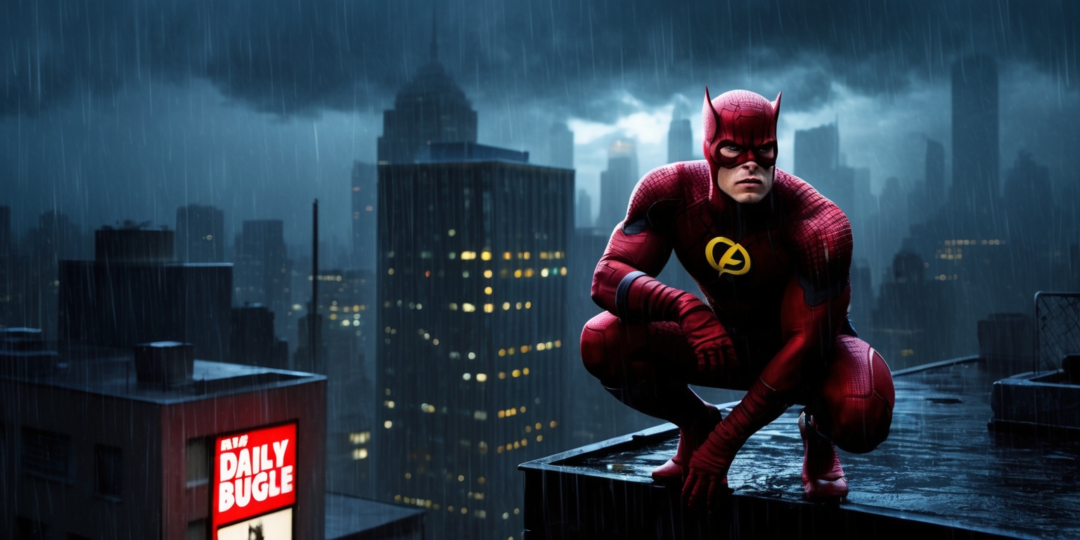 A gritty, atmospheric cityscape at dusk, with the iconic superhero Daredevil perched atop a rain-soaked rooftop, clad in his signature red suit, his horns and mask glinting in the faint light of a distant streetlamp. The city's skyscrapers rise up around him, a blur of concrete and steel, with the bold, sans-serif logo of the Daily Bugle emblazoned on the side of one building. Daredevil's eyes gleam with an intense, brooding energy, hisjaw set in determination, as he gazes out over the city he has sworn to protect. In the background, a swirl of misty fog rolls in, shrouding the city in an air of mystery and foreboding, with the faint sounds of police sirens and distant thunder rumbling through the air. The color palette is dark and moody, with deep reds and blues dominating the scene, punctuated by flashes of bright, electric light from the city's neon signs.