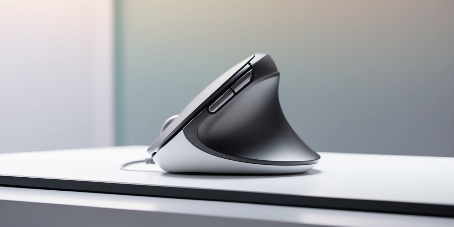 A futuristic, high-tech ergonomic vertical mouse device with a sleek, contoured design, resting on a clean, minimalist white desk or surface, with a subtle gradient of soft, pastel colors in the background to evoke a sense of innovation and modernity, the device's main body a mat, metallic silver with subtle curves and cutouts to cradle the user's hand comfortably, accompanied by a slender, ergonomic thumb rest and a series of tactile, rounded buttons and a smooth, accurate scroll wheel, all in a harmonious combination of dark gray, white, and silver hues, with precise, crisp shadows and highlights to emphasize the device's cutting-edge features and precision engineering.