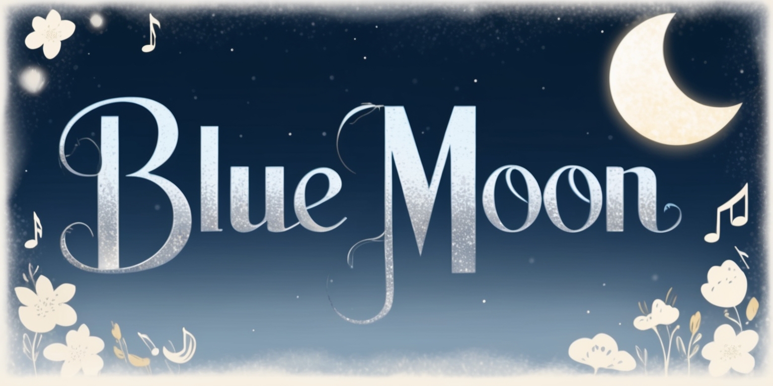 A misty, dreamy illustration of a movie poster inspired by the classic film Blue Moon, set against a starry, midnight blue background with subtle, shimmering crescent moon shapes. The title Blue Moon in bold, cursive, Art Deco-style script with metallic silver font, shimmering with a soft, ethereal glow, surrounded by minimalist, whimsical illustrations of clouds, flowers, and subtle musical notes in shades of pale blue, ivory, and gold. The overall mood is nostalgic, romantic, and mesmerizing, capturing the essence of a bygone era. The composition is balanced, with ample negative space, and the illustrations are delicate, refined, and carefully detailed.