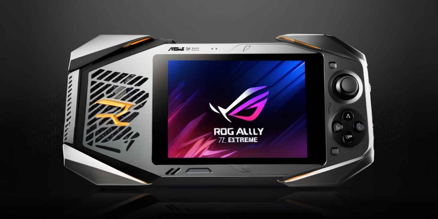 A sleek, futuristic handheld gaming device, the Asus ROG Ally Z1 Extreme, sits prominently in the center of the frame, its angular, metallic body gleaming with a subtle matte finish, accentuated by sharp, aggressive lines and chunky vents that evoke a sense of powerful performance, with a vibrant, backlit ROG logo emblazoned on the rear, surrounded by a sea of intricate, laser-cut vents, while the device's 7-inch, high-resolution, IPS display dominates the front, showcasing a captivating gaming scene, surrounded by a thin, bezel-less border, and flanked by dual, analog sticks and a directional pad, all set against a moody, dark gray background that accentuates the device's bold, gamer-centric aesthetic.