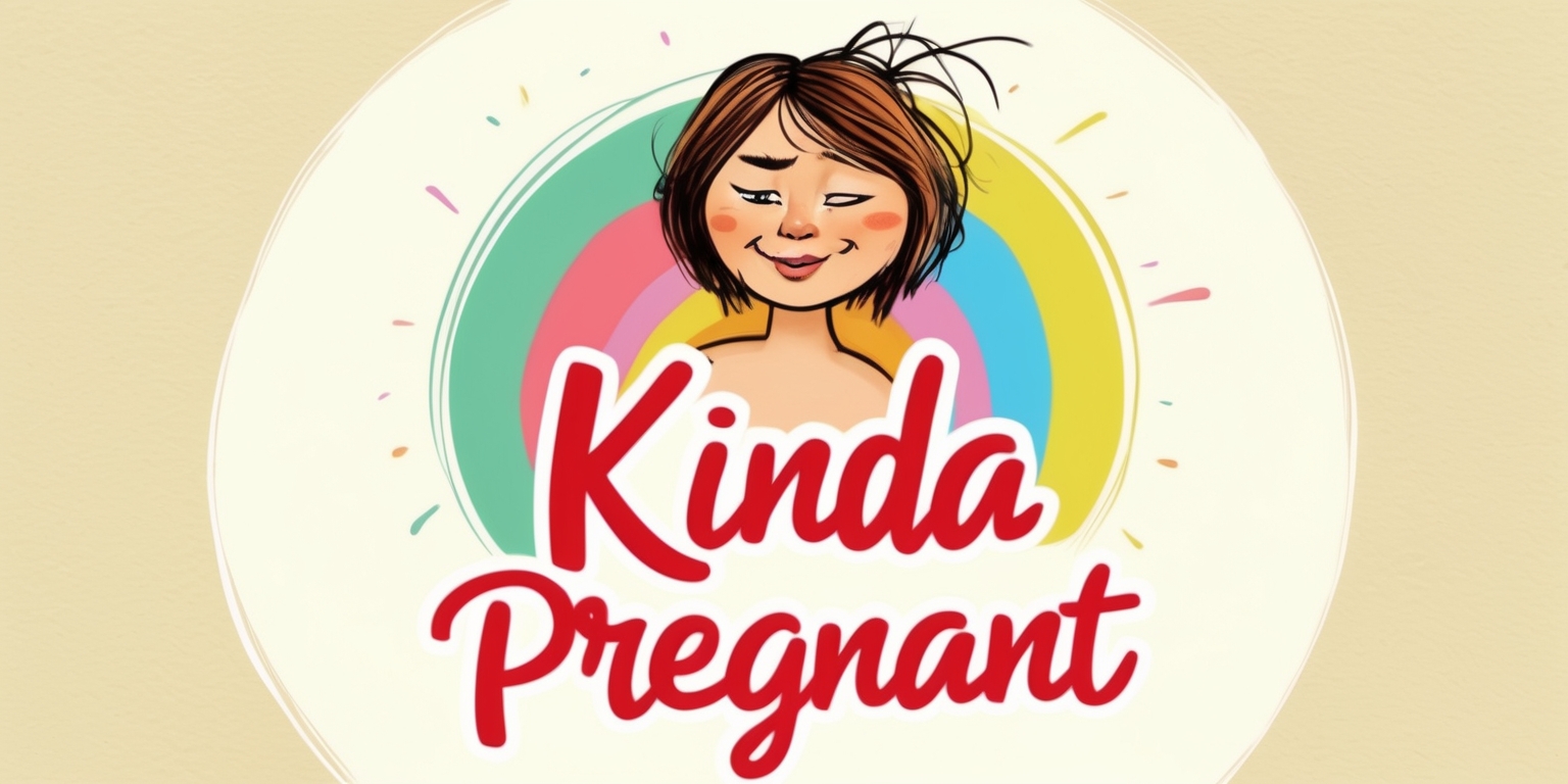 A whimsical illustration of a pregnant woman, with a cheeky expression and a hint of embarrassment, surrounded by bright, pastel colors, conveying a sense of humor and playfulness, set against a soft, creamy background, with the title Kinda Pregnant written in bold, cursive script, with the words Kinda in a smaller font, and Pregnant in a larger, more prominent font, with a subtle gradient effect, giving the impression of a hand-drawn poster, perhaps for a romantic comedy film, with the woman's facial features soft and rounded, her skin tone a warm, golden brown, and her hair messy and tousled, with a few loose strands framing her face.