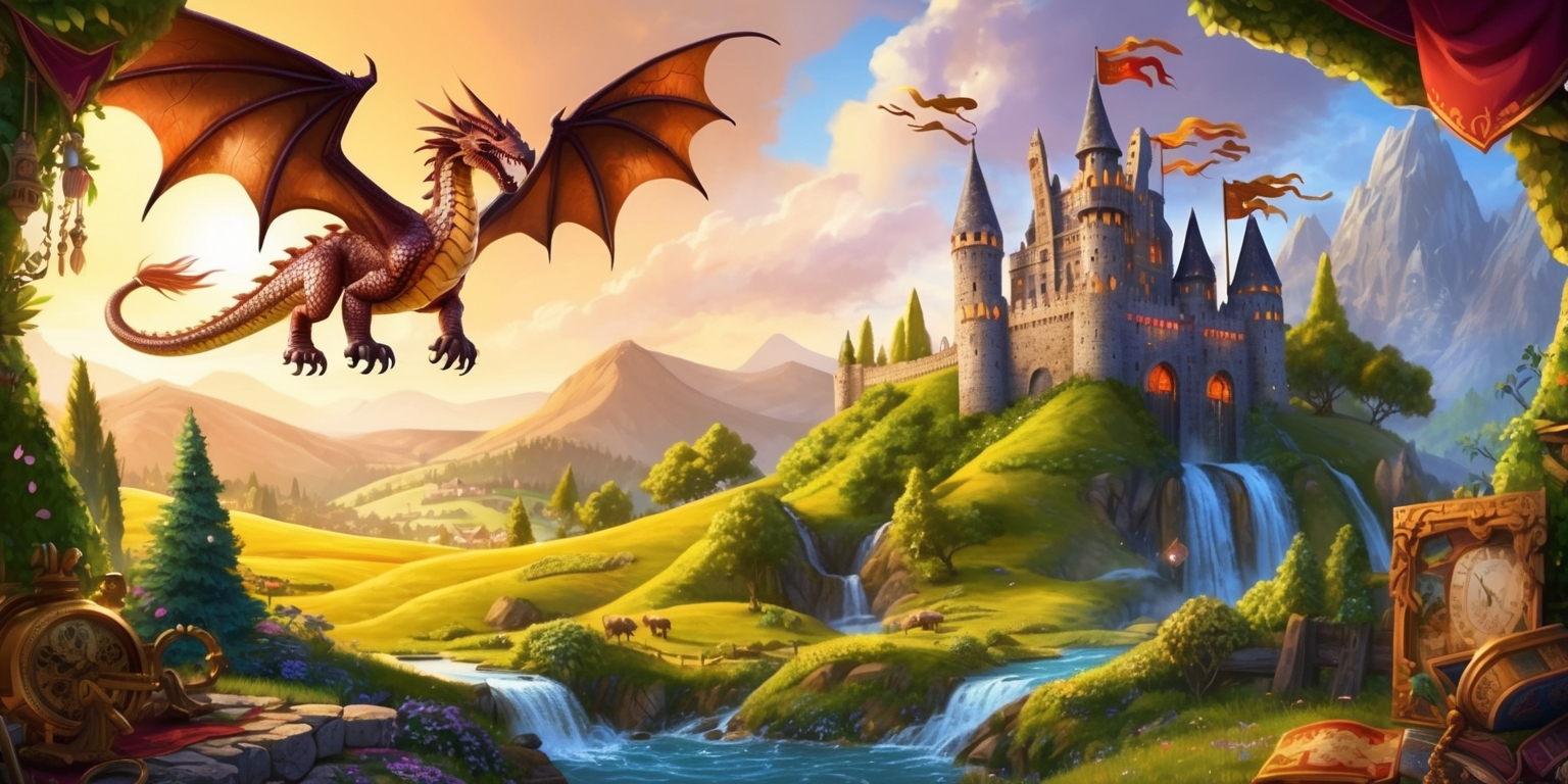 A majestic landscape depicting the Legend of Kingdoms game, set against a warm golden sunset with rolling hills and towering mountains in the distance, as a regal dragon soars through the sky, its scales glistening with shades of copper and bronze, while a grand castle with stone walls and stained glass windows sits atop a hill, its banners waving in the gentle breeze, surrounded by lush green forests and sparkling waterfalls, with hints of mystical magic and ancient artifacts scattered throughout the scenery, as if the very fabric of the kingdom is alive and vibrant, with intricate details and textures that evoke a sense of wonder and adventure.