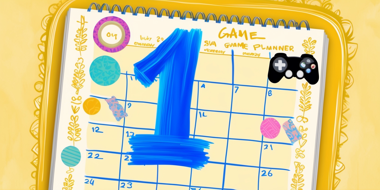A vibrant illustration of a calendar or planner page with the number 1 boldly written in bright, electric blue ink, surrounded by various colorful stickers and washi tape, indicating a scheduled game event. The background is a warm, creamy yellow, evoking a sense of optimism and excitement. The calendar or planner page is ornately decorated with subtle, hand-drawn patterns and borders, adding a touch of whimsy and playfulness. In the top-right corner, a small, stylized icon of a video game controller or a joystick is displayed, symbolizing the game scheduled for the day. The overall aesthetic is playful, lively, and energetic, capturing the thrill of looking forward to a fun gaming experience.